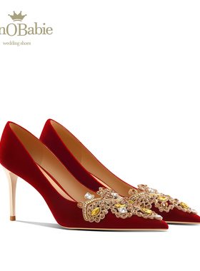 monobabie婚宴鞋 红色秀禾婚鞋女秋冬绒面中式婚礼新娘敬酒鞋