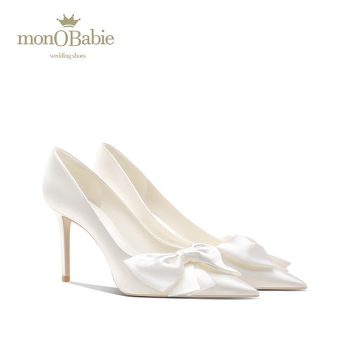 monobabie婚鞋女白色蝴蝶结