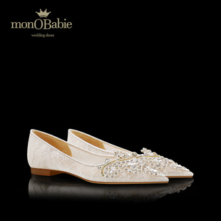 monobabie婚鞋女 平底不累脚新娘鞋2025新款白色蕾丝网纱日常单鞋