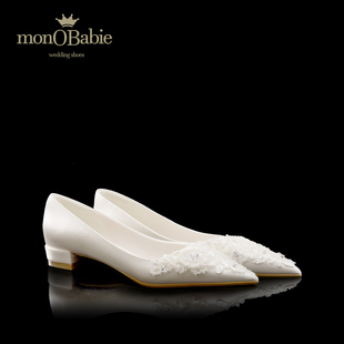 monobabie婚鞋女 平底不累脚法式婚鞋孕妇日常可穿白色主纱新娘鞋