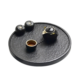 天然整块乌金石茶盘日式简约石头小茶台圆形办公家用茶海免费刻字