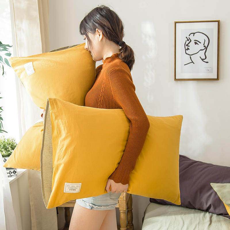 100%全棉枕套 素色纯色简约北欧AB版双拼枕头套 日式信封款一对装