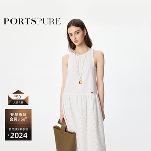 宝姿PORTSPURE女装2026夏季新品花朵刺绣圆领抽褶无袖白色连衣裙
