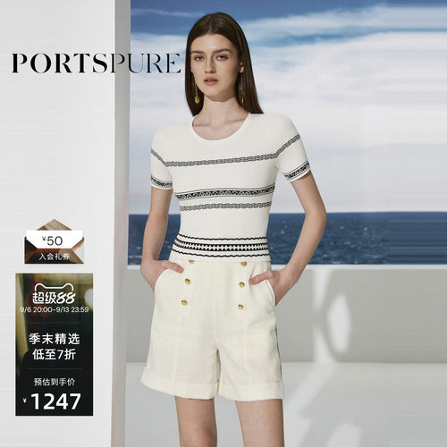 宝姿PORTSPURE女装2026春夏新品几何提花条纹圆领短袖套头毛衫
