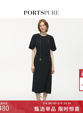 宝姿PORTSPURE女装春季黑色收腰显瘦短袖连衣裙RT8D027QWA005