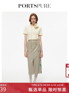 宝姿PORTSPURE女装纯色清新简约创意印花短袖上衣RT3N102RCD060