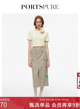 宝姿PORTSPURE女装纯色清新简约创意印花短袖上衣RT3N102RCD060
