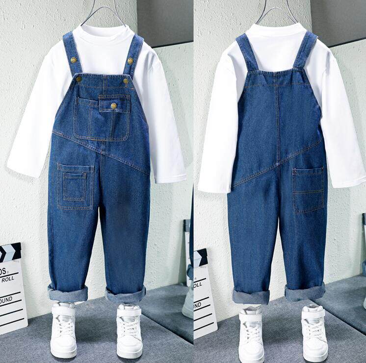 男女童连体背带裤春秋2023新款中大童帅气牛仔吊带裤儿童休闲长裤