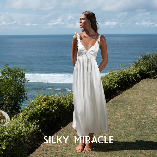 SILKY MIRACLE真丝长裙Purity法式蝴蝶结桑蚕丝睡裙性感度假外穿