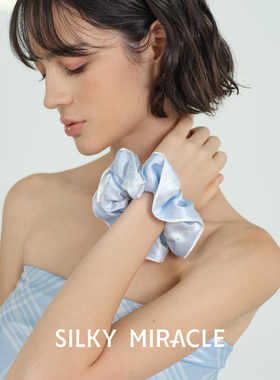 SILKY MIRACLE真丝发圈FREE系列蓝色格纹桑蚕丝水钻头花