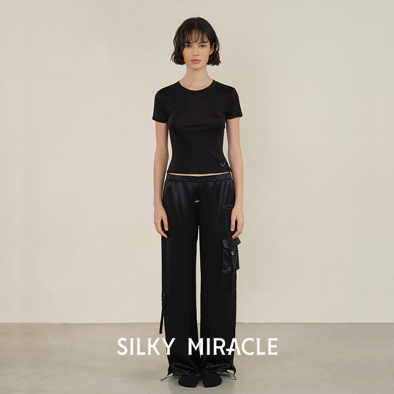 SILKY MIRACLE真丝短袖女圆领NUDE桑蚕丝针织工装睡裤睡衣可外穿