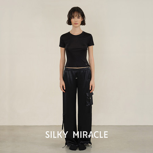 SILKY MIRACLE真丝短袖女圆领NUDE桑蚕丝针织工装睡裤睡衣可外穿