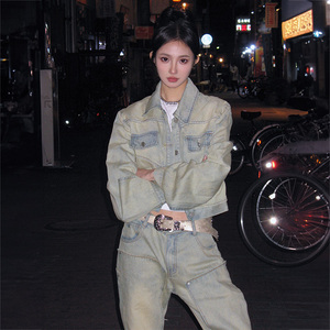 DUSKLIT水洗做旧牛仔外套女立体剪裁设计感小众百搭浅白色牛仔
