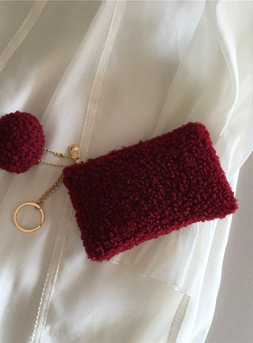 毛毛钱包女复古红色拉链小巧零钱袋迷你卡夹新款驾驶证钥匙手拿包