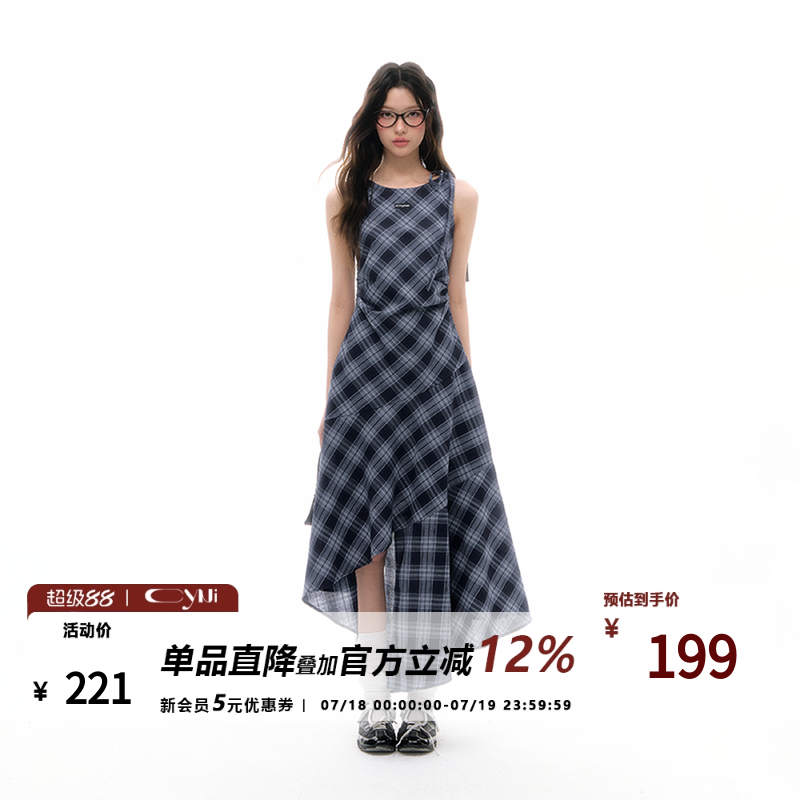 CyNi  复古轻薄垂感无袖格纹连衣裙设计感不规则格子长裙女