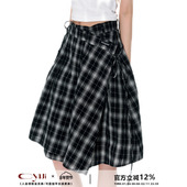 CyNi 设计感拼接双层格纹绑带半身裙百搭一片式 格子系带半裙女