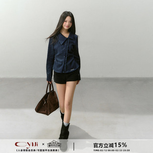 CyNi 复古设计气质修身翻领斜门襟上衣单排扣长袖木耳边牛仔衬衫