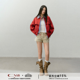 CyNi【绯色光痕】精致假两件条纹衬衫拼接短款外套短款红色上衣