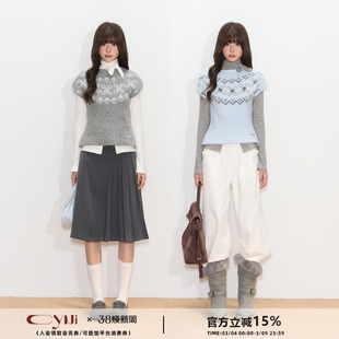 CyNi 复古撞色叠穿圆领短袖毛衣百花绒费尔岛毛织背心马甲女