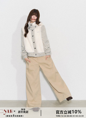CyNi【条绒对白】休闲廓形立领宽松加厚夹克条纹拼接羊羔毛外套