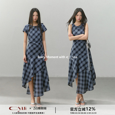 CyNi  复古轻薄垂感无袖格纹连衣裙设计感不规则格子长裙女