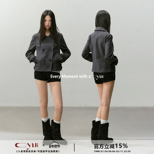 CyNi【云中栖舟】精致百搭短款设计感翻领双排扣休闲外套气质上衣