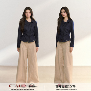 CyNi 复古设计气质修身翻领斜门襟上衣单排扣长袖木耳边牛仔衬衫