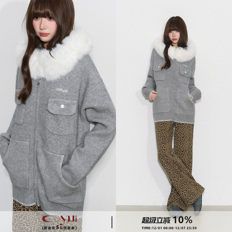 CyNi【毛织暖境】简约宽松休闲针织上衣百搭线迹毛领撞色毛衣外套