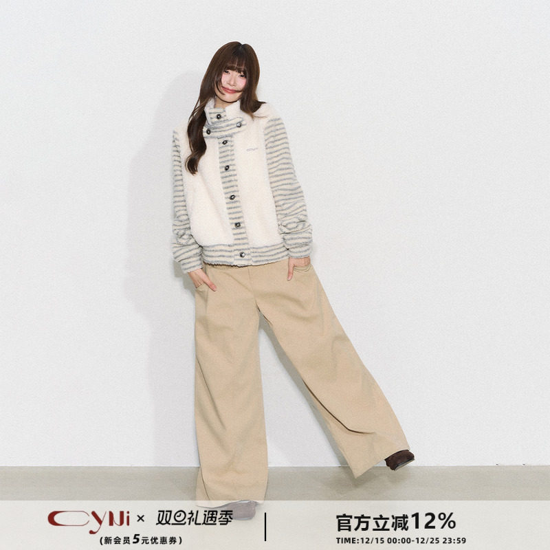 CyNi【条绒对白】休闲廓形立领宽松加厚夹克条纹拼接羊羔毛外套