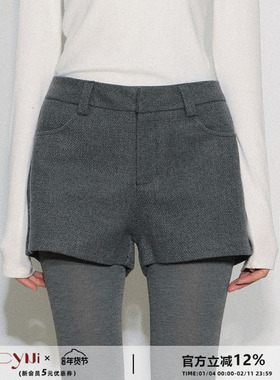 CyNi【呢喃短章】休闲百搭高腰阔腿休闲裤灰色毛呢短裤直筒靴裤