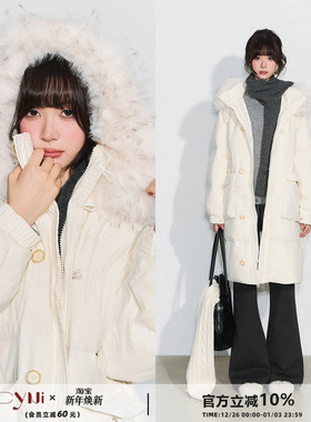 CyNi【蓬茸梦境】气质加厚连帽拉链外套可拆卸大毛领中长羽绒服