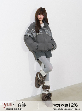 CyNi【灰岛承暖】北欧复古立领短款加厚面包服费尔岛印花羽绒服女