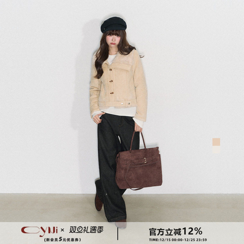 CyNi【鞣绒共生】休闲大毛领牛角扣皮绒厚夹克皮毛一体外套女