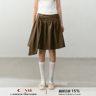 CyNi【焦糖轻摆】褶皱系带蓬蓬A字裙单边蝴蝶结半裙伞裙简约百搭