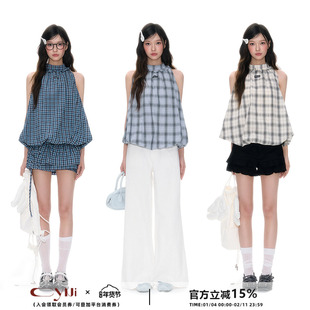 CyNi 设计感辣妹立领挂脖背心吊带格子无袖花苞宽松上衣T恤女