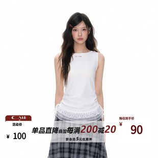 女 CyNi 设计感修身 显瘦无袖 圆领上衣蕾丝波点下摆抽褶背心夏季