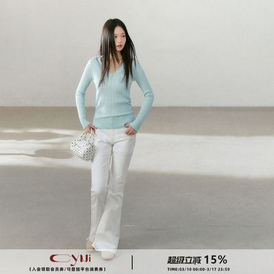 CyNi 【釉下春晴】羊毛混纺V领坑条麻花长袖针织衫显瘦打底上衣