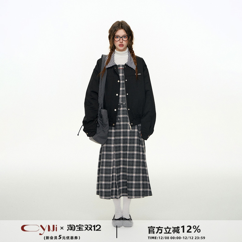 CyNi美式格子拼接夹克外套