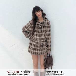 CyNi 宽松休闲花苞领系带格子长袖上衣复古蝴蝶结绑带外套衬衫女