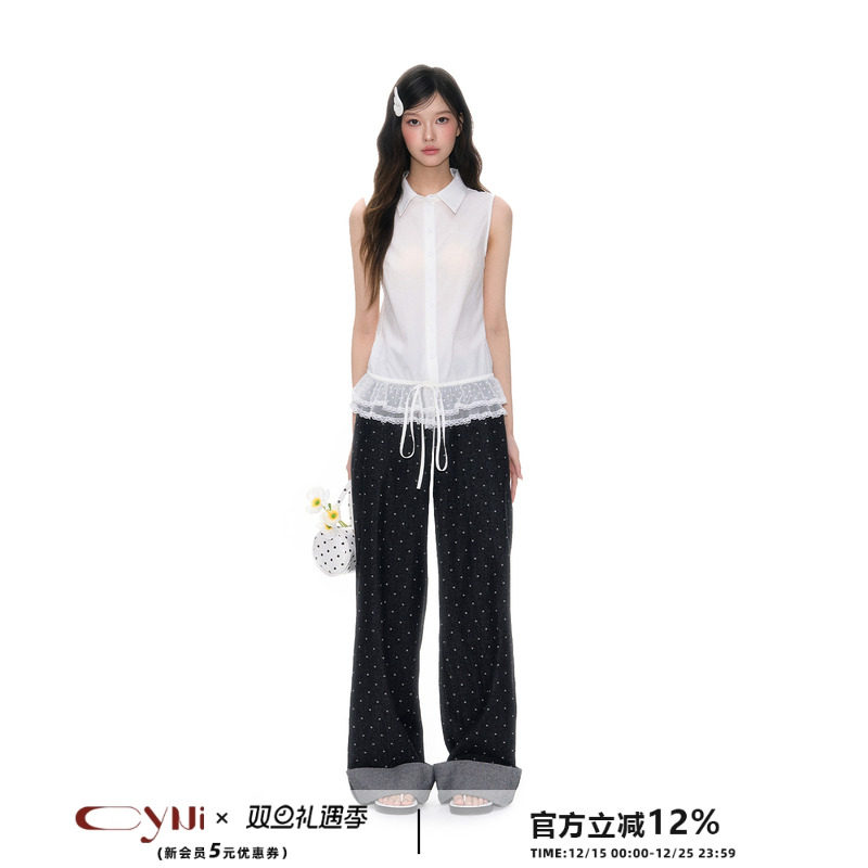 CyNi 设计感甜美少女感蕾丝拼接百搭上衣无袖纯色下摆抽绳衬衫女
