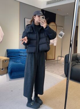 【欧加粒粒】黑灰色抽绳松紧腰羊毛呢休闲裤加绒冬时尚宽松 F9816