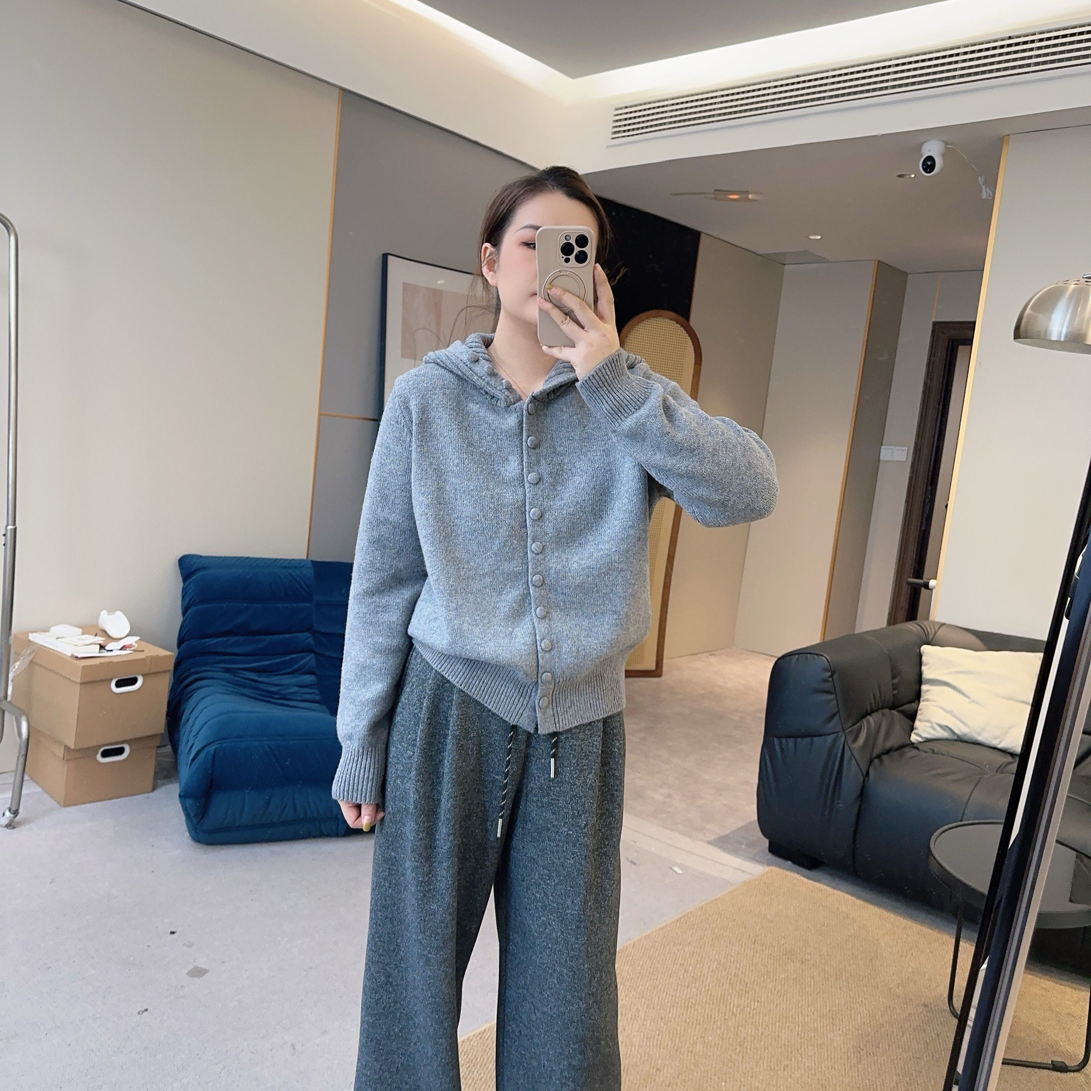 【欧加粒粒】秋冬排扣连帽针织开衫百搭宽松减龄 LH25102227