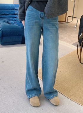 【欧加粒粒】冬复合绒窄版直筒蓝色牛仔裤刺绣百搭显瘦舒适W2022R