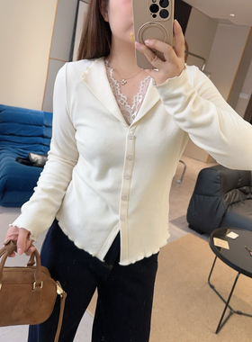 【欧加粒粒】木耳边翻领蕾丝拼接V领磨毛绒保暖单排扣打底H825136