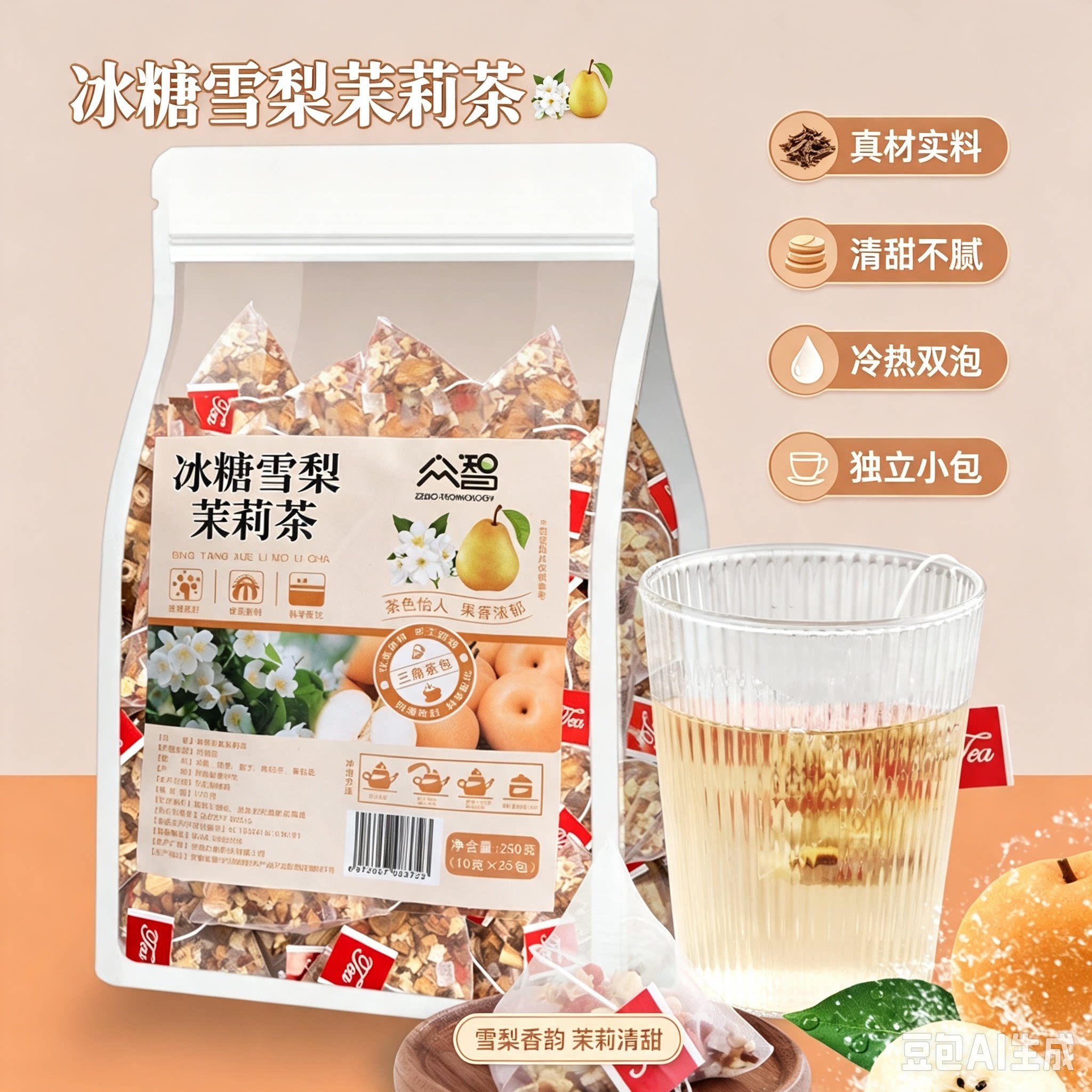 冰糖雪梨茉莉茶三角茶包润喉清润雪梨干茉莉花水果茶冷泡养生茶