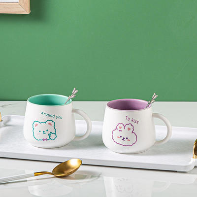 可爱卡通陶瓷杯家用早餐牛奶杯办公室带勺咖啡杯学生创意情侣水杯