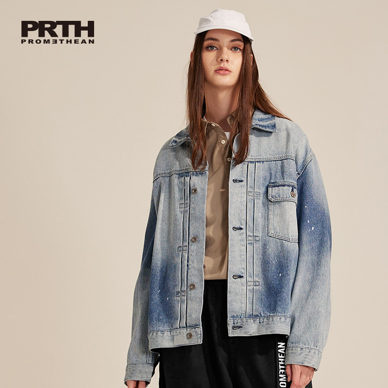 PRTH排扣日系翻领复古牛仔外套