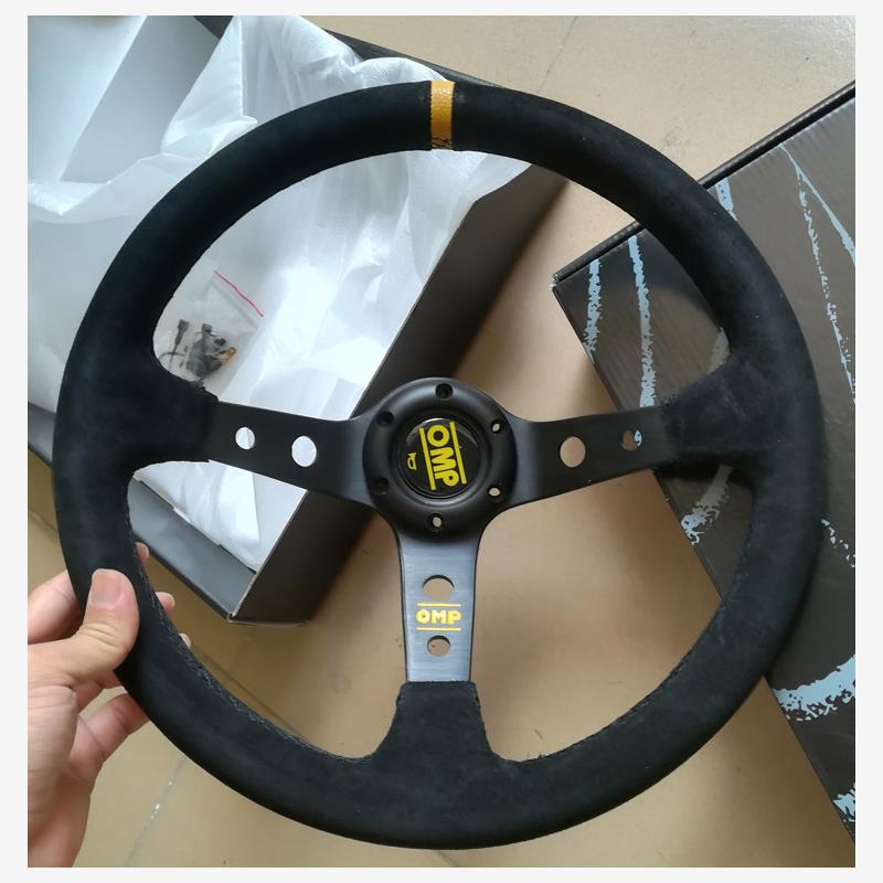 改装赛车14寸方向盘磨砂秃皮绒毛翻皮通用浅凹中凹磨砂真皮方向盘