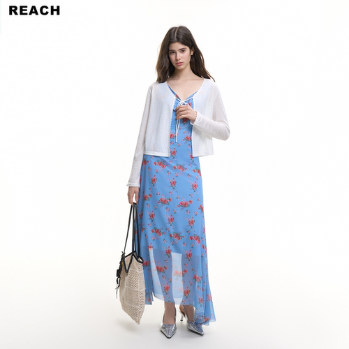 REACH设计感深V交叉领碎花吊带连衣裙女夏季新款收腰显瘦气质裙子