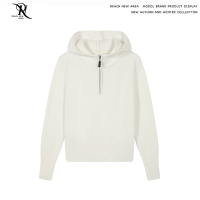 REACH米白色连帽半拉链毛衣女秋冬2025新款慵懒感套头加厚针织衫